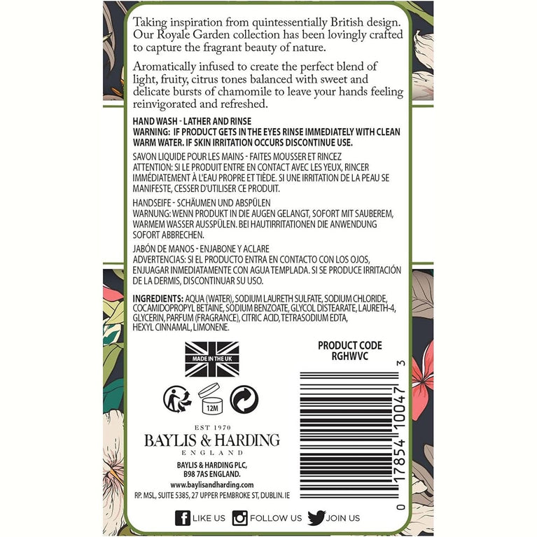 Baylis & Harding Royale Garden Verbena & Chamomile Hand Wash, 500 ml (Pack of 6) - Vegan Friendly