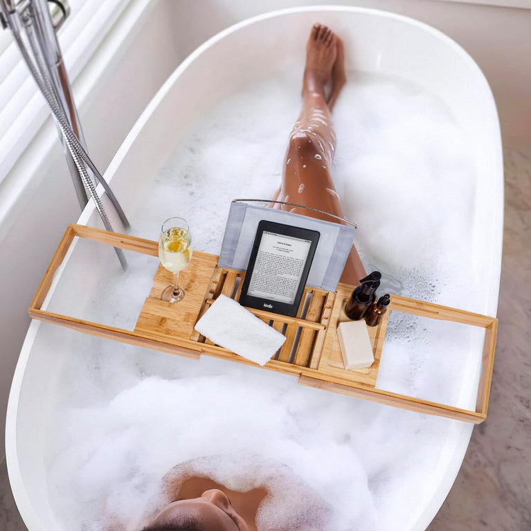 Woodluv Premium Bamboo Bath Tray Caddy with Extendable Arms and Versatile Features
