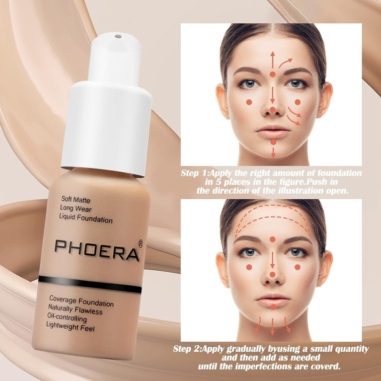 PHOERA All-Day Matte Liquid Foundation - Buff Beige, Full Coverage
