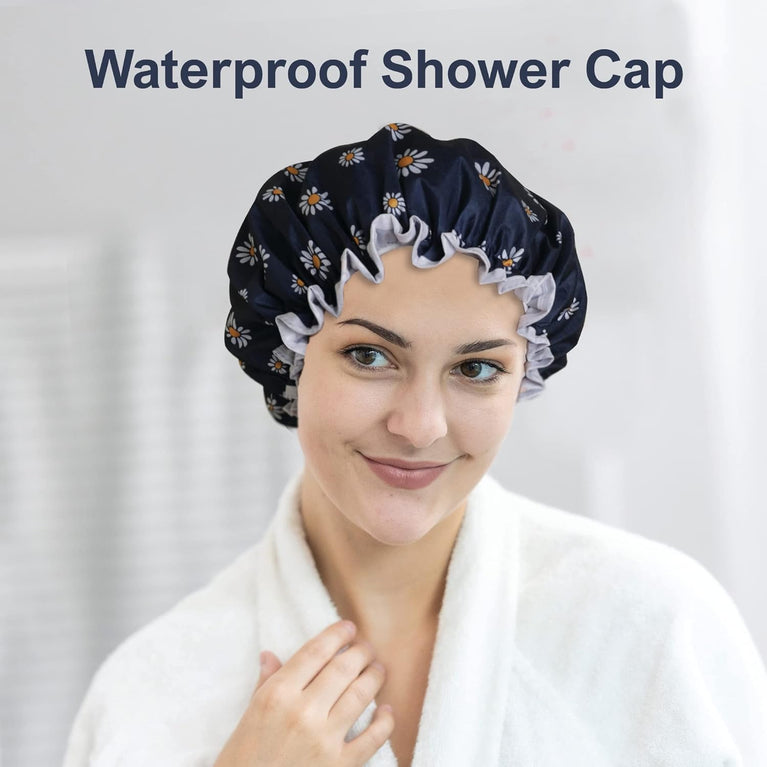 Floral Patterned Reusable Waterproof Shower Cap for Women - Ideal for Long, Short, and Curly Hair