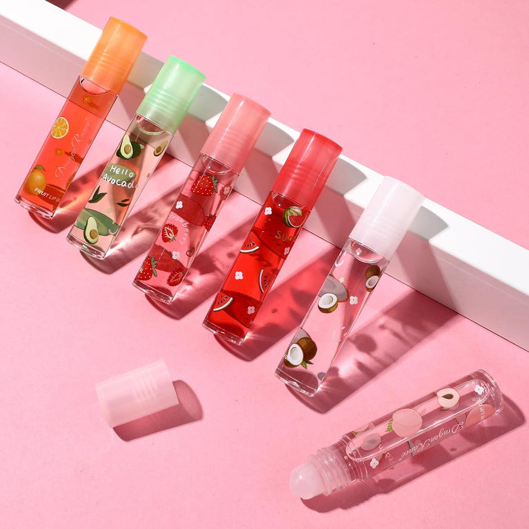 Minkissy Hydrating Lip Gloss Set - 6pcs Fruit Flavored Moisturizing Lipsticks with Transparent Lip Plumper for Healthy, Fuller Lips