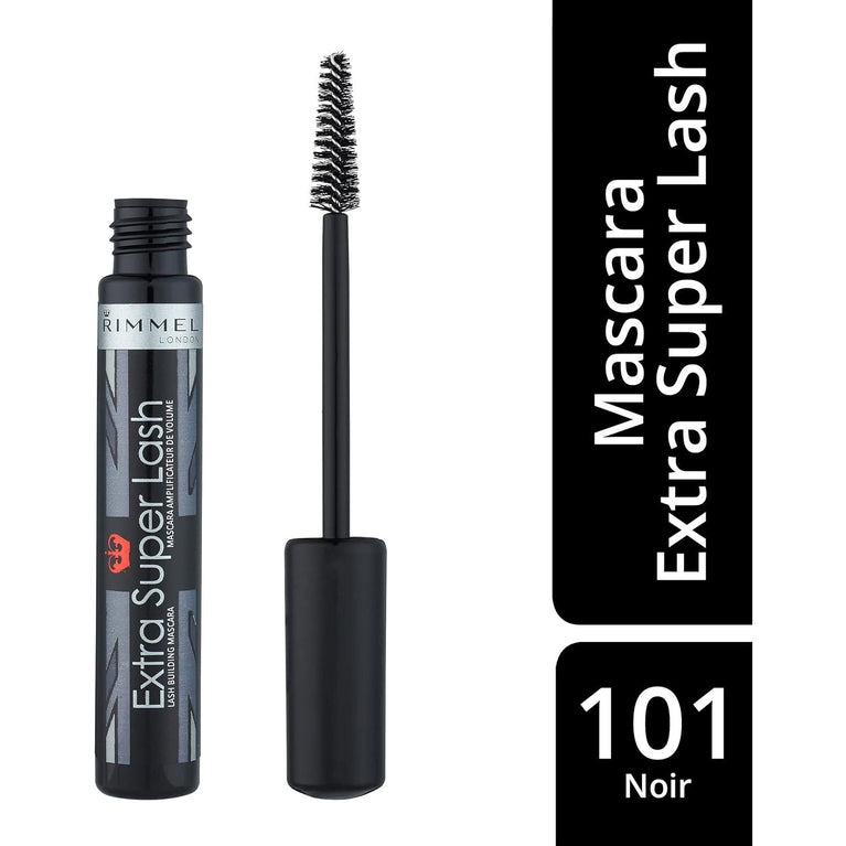 RIMMEL LONDON Extra Super Lash Mascara - 101 Black Black - Smudge-Free, Vitamin E Enriched for Healthier Lashes - Clumpless Lengthening, Defining & Curling - Long Lasting & Cruelty-Free