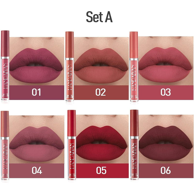 Vibrant 6-Piece Waterproof Matte Liquid Lipstick Set – Long-lasting, Non-Stick, Comfort-wear Makeup Kit for Women and Girls (A)