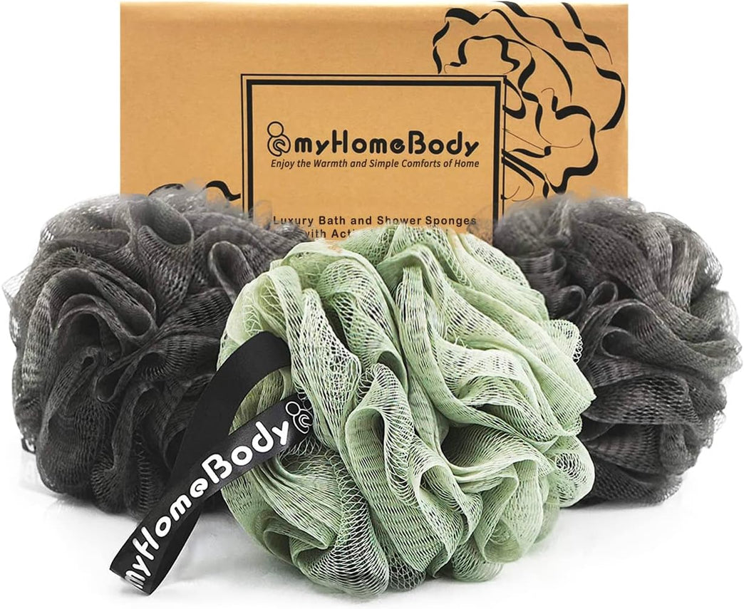 Large Exfoliating Shower Sponge with Activated Charcoal, 3 Pack