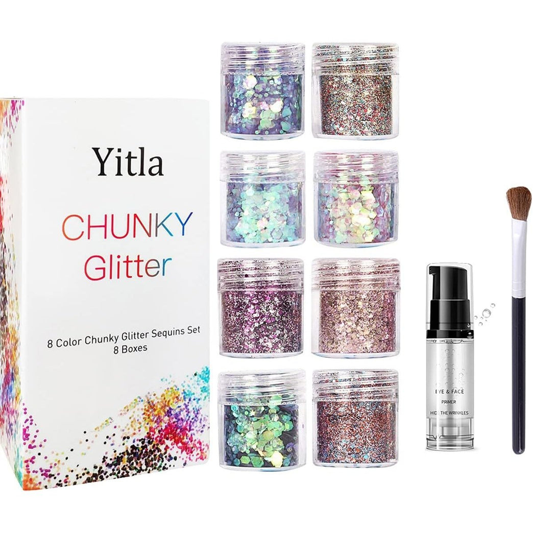 Yitla Sparkle Extravaganza: 8-Color Cosmetic Glitter Set with Fix Gel & Brush for Body, Hair, and Cheek Enhancement - Ideal for Parties and Festivals