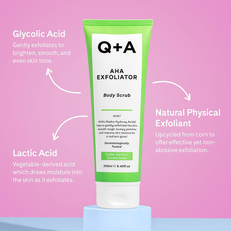 AHA Exfoliator Body Scrub with Lactic Acid and Glycolic Acid, Golden Vanilla + Coconut Scent, 250ml