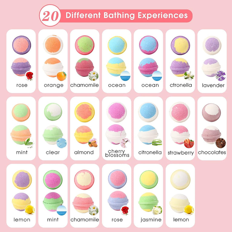 Relaxation and Stress-Relief Bath Bomb Gift Set with 20 Organic and Natural Handcrafted Essential Oils