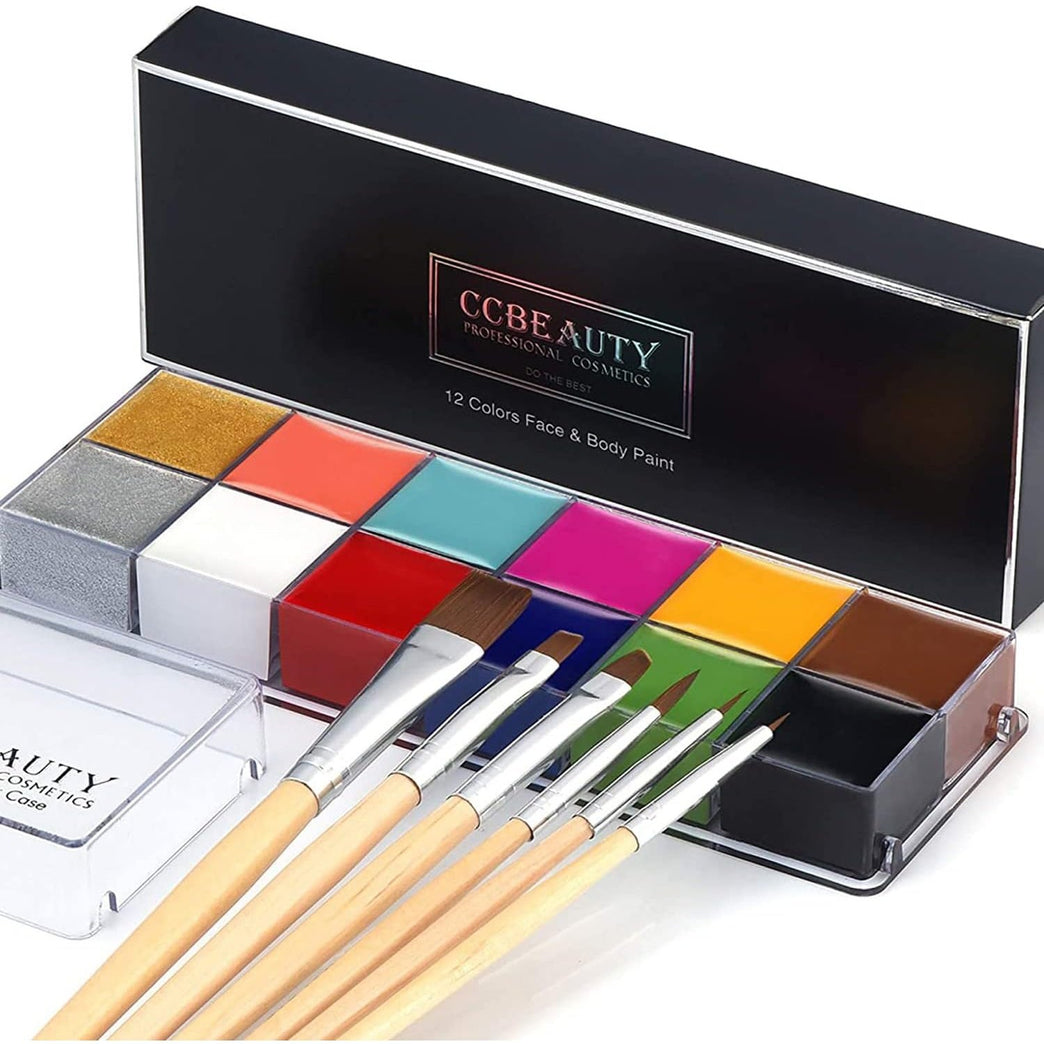 CCbeauty 12-Color Professional Oil-Based Face Paint Kit with 6 Wooden Brushes for Halloween and Themed Parties