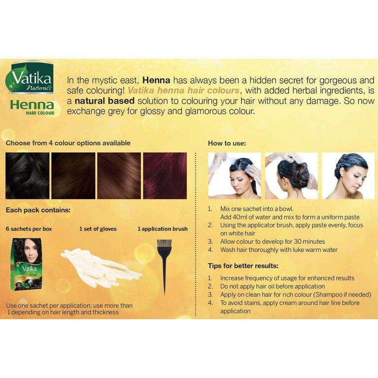 Vatika Henna Dark Brown Hair Colour with Natural Shine & Grey Coverage - Pack of 6 Sachets, 60g