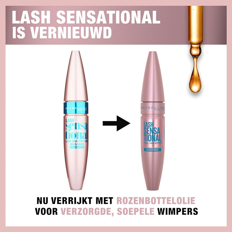 Maybelline New York Lash Sensational, Waterproof Volumizing Mascara in Black with Curved Silicone Brush, 9.5 ml