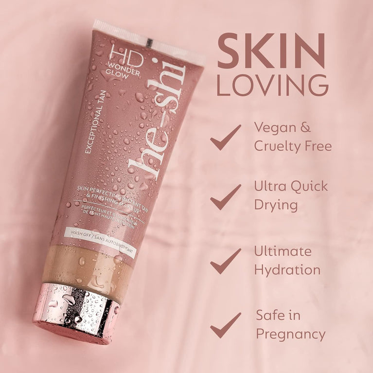 He-Shi HD Wonderglow Skin-Perfecting Bronzer - 24-Hour Splashproof Body Makeup with Illuminating Primer - Vegan & Cruelty-Free Instant Tan & Highlighter for Airbrushed Legs (100ml)