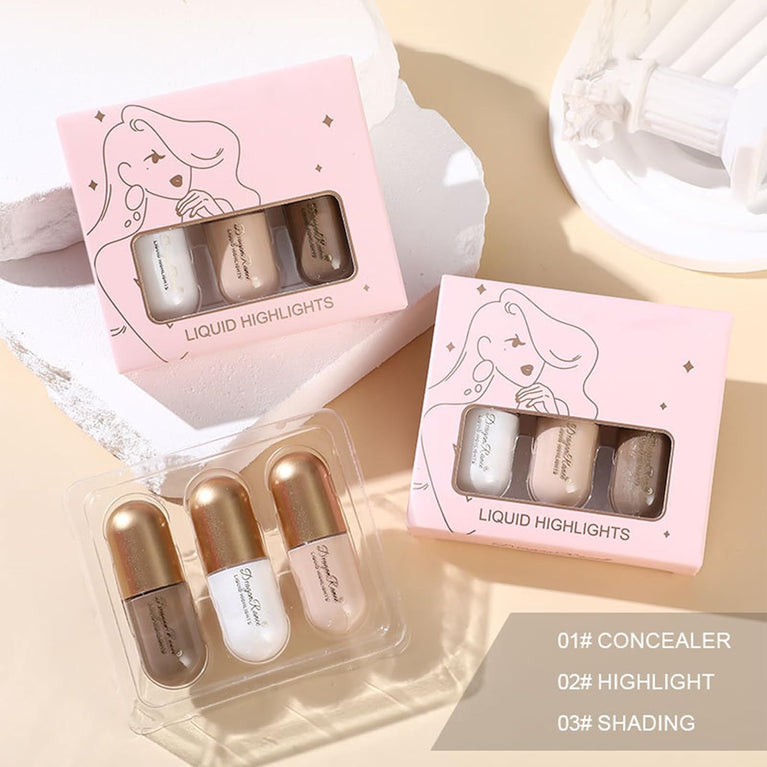 Radiant Beauty Trio: Long-Lasting Liquid Contour, Natural Glow Highlighter, and Brightening Concealer Set
