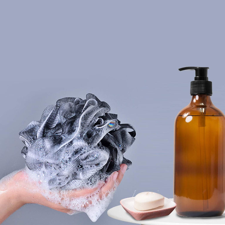 Umitive Charcoal Infused Shower Sponge Bath Poufs, 4-Piece Set of Black Mesh Loofah Body Exfoliating Brushes for Gentle and Effective Skin Cleansing
