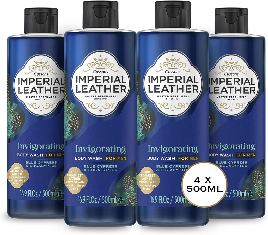 Imperial Leather Invigorating Shower Gel with Blue Cypress & Eucalyptus, Creamy Lather, Pack of 4 x 500ml