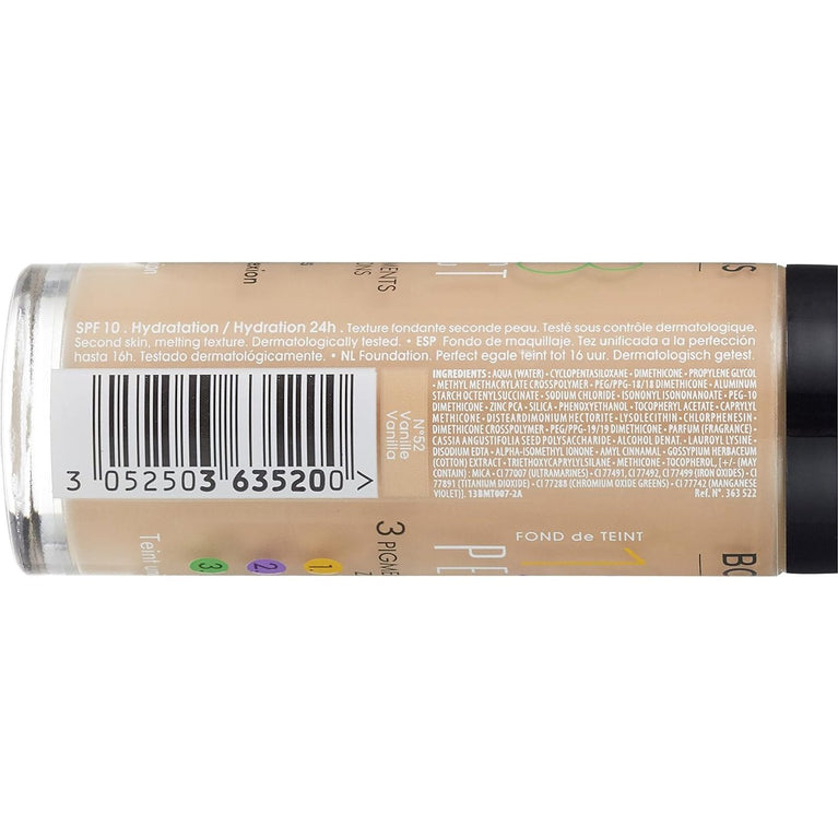 Bourjois 123 Perfect 16-Hour Lasting Medium Coverage Foundation in 52 Vanilla, 30ml with Color Correcting Pigments and SPF 10 Protection