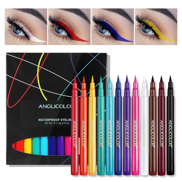 Anglicolor Rainbow Matte Eyeliner Set, 12 Vibrant Colors, Waterproof, Smudge-Proof, Long Lasting, Intensely Pigmented Eyeliner Pens for Special Occasions and Daily Wear