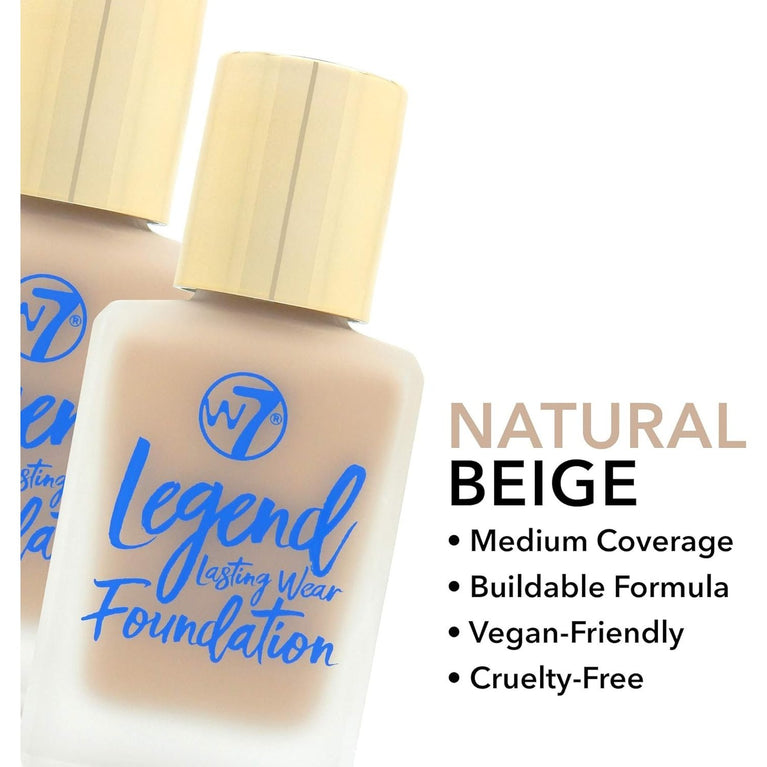 W7 Legend Natural Beige Foundation - Creamy Vegan-Friendly Liquid Makeup for Long-Lasting, Semi-Matte and Poreless Medium Coverage - 28ml