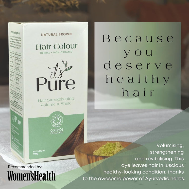 It's Pure Organic Henna Hair Dye in Natural Brown | 100% Natural, Vegan, & Gluten Free | PPD Free Hair Dye, Ammonia Free, Resorcinol Free, & Peroxide Free | Volumising, Strengthening, & Revitalising |