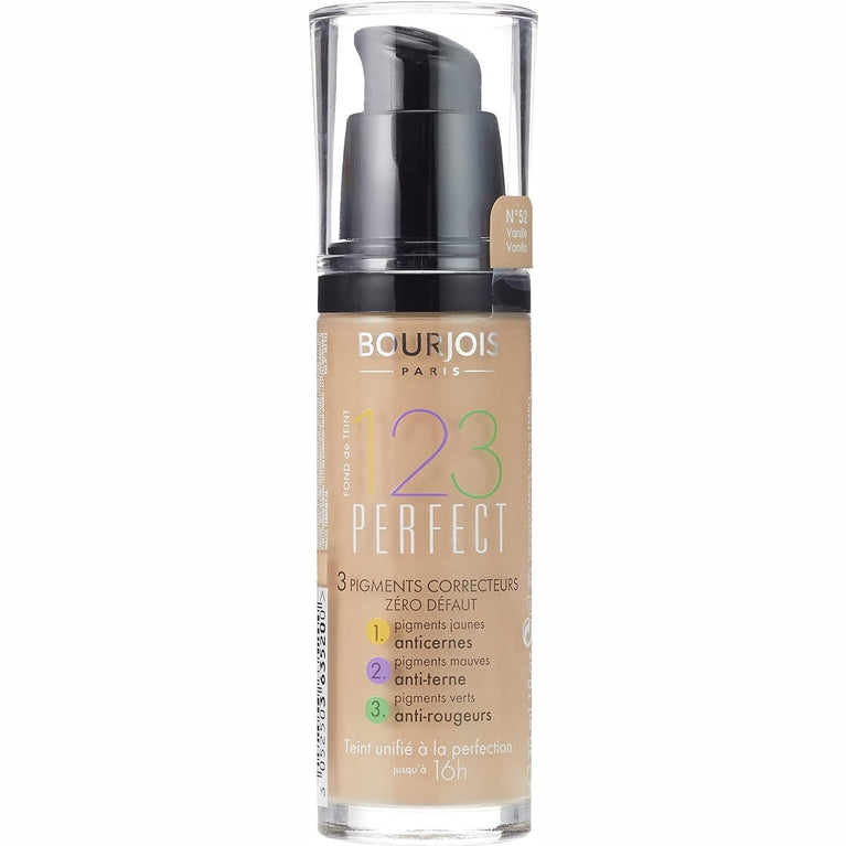 Bourjois 123 Perfect 16-Hour Lasting Medium Coverage Foundation in 52 Vanilla, 30ml with Color Correcting Pigments and SPF 10 Protection