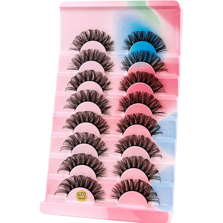 Sparkling D-Curly Mink False Eyelashes, 8 Pair Pack, Natural & Fluffy for Dramatic Looks (025)