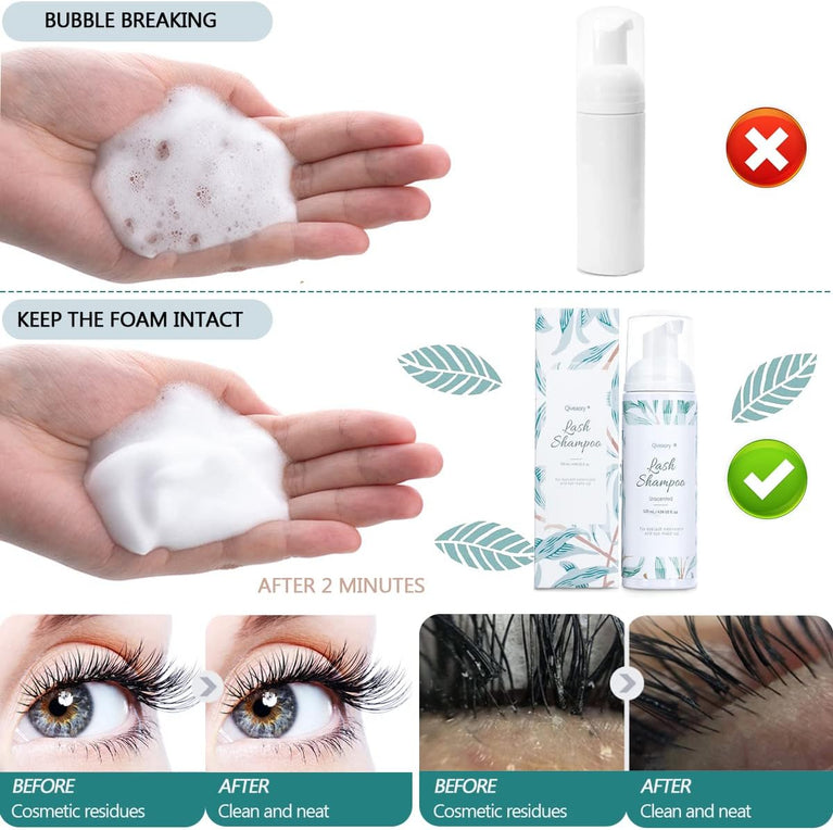 Deluxe Eyelash Care Kit - Eyelash Extension Shampoo, Cleanser, Brushes and Accessories, Gluten & Irritant-Free Formula, Reusable Makeup Remover Pad, 120ml (4.04fl.oz) - For Salon and Home Use