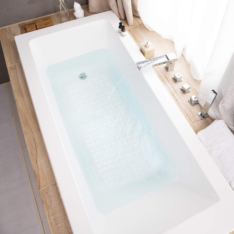 TEESHLY Extra Long Non-Slip Bathtub Mat with Drain Holes and Suction Cups for Shower Tub