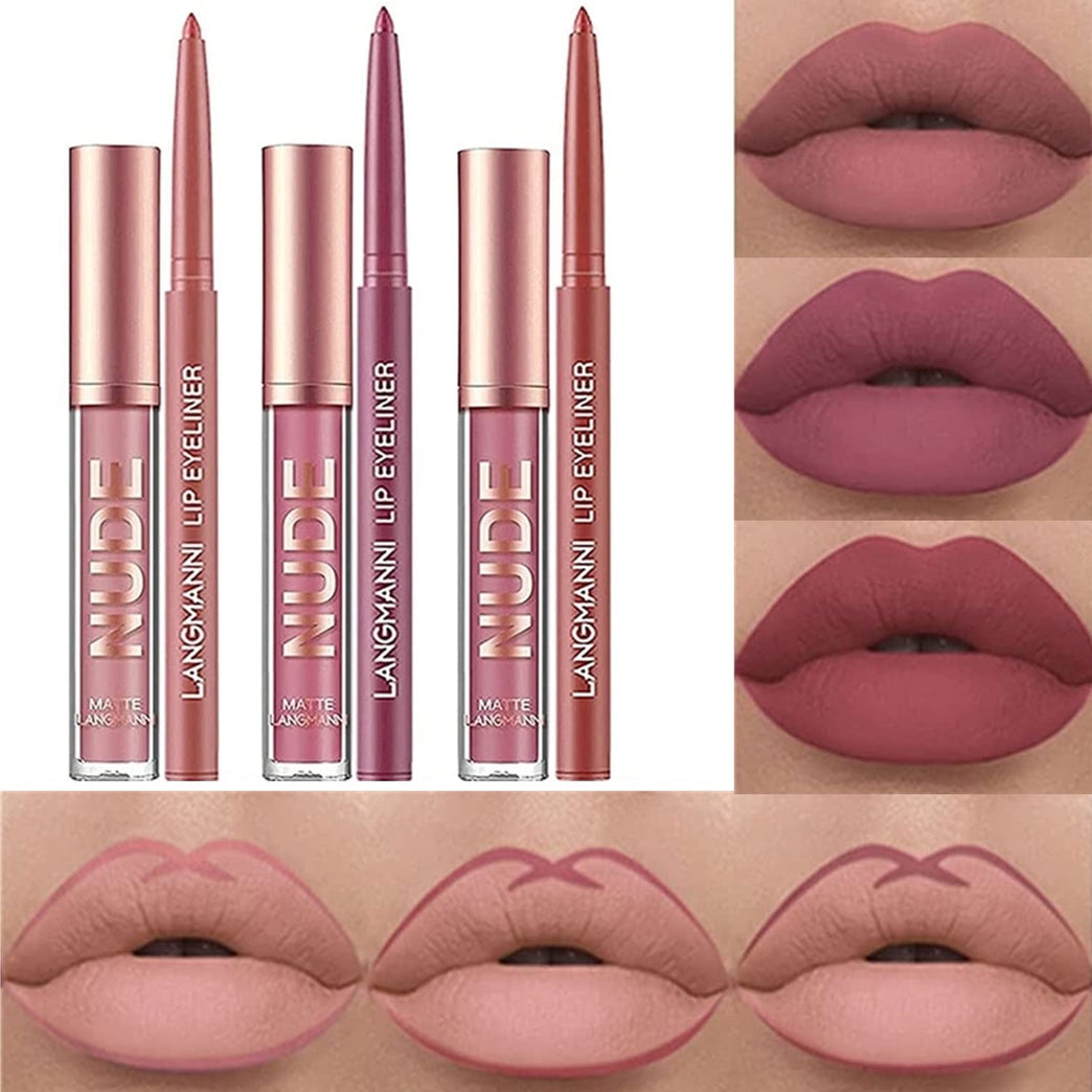 24-Hour Stay On Matte Liquid Lipstick and Lip Liner Set - Waterproof, Non-Fade, Non-Stick Cup, Velvety Nude, Pack of 6 (Set C)- Perfect Makeup Gift Set