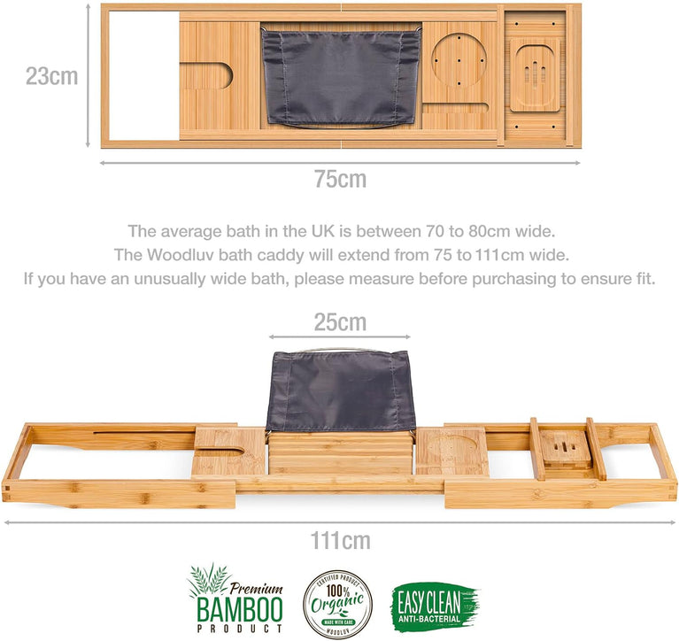 Extendable Bamboo Bath Caddy Tray for Bathtub with Phone and Tablet Slots, Candle Holder, and Soap Organizer