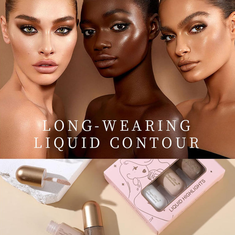 Radiant Beauty Trio: Long-Lasting Liquid Contour, Natural Glow Highlighter, and Brightening Concealer Set