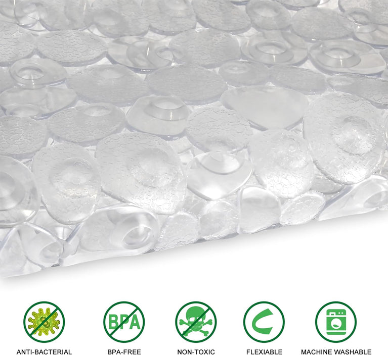Non-Slip Clear Pebble Bath Mat with Drain Holes, 69 x 36 cm