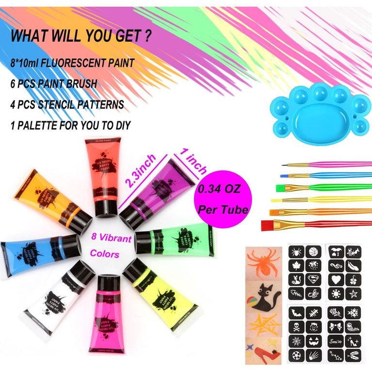 Proamate UV Glow Neon Body and Face Art Paint Kit - Perfect for Parties, Halloween, Carnivals, and Festivals (10ml)