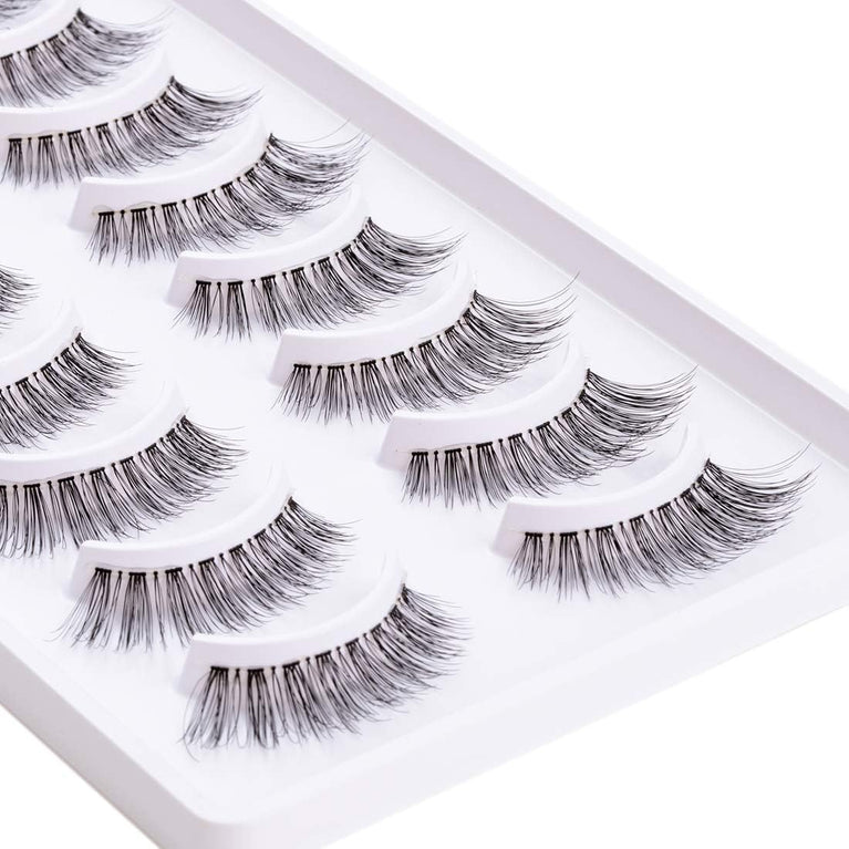 EMEDA 3D Natural False Eyelashes - 10 Pair Pack of Handmade Short Soft Reusable Eye Lashes with Transparent Strip - Ideal for Daily Use, Parties, and Weddings (No Glue Included)