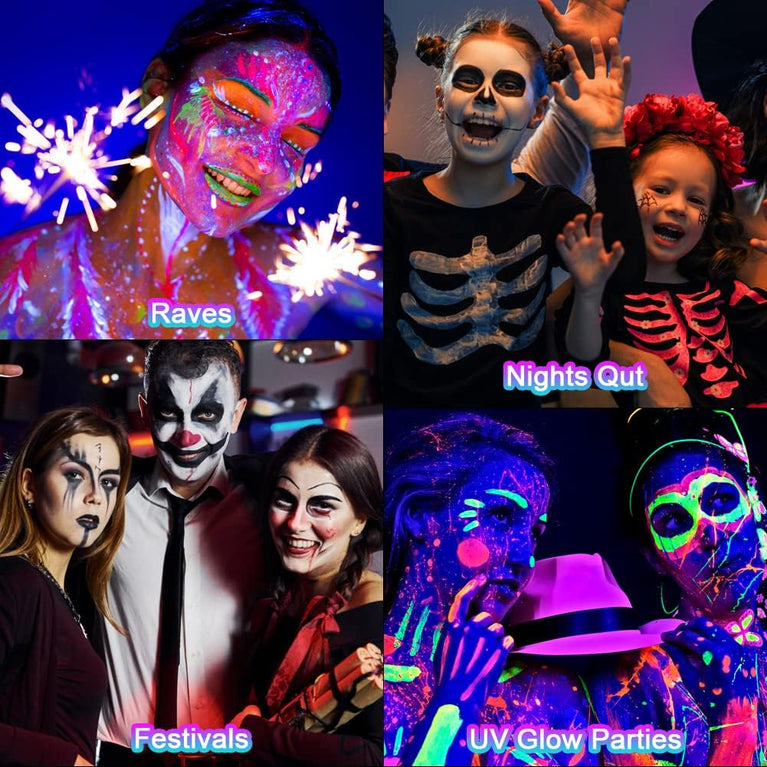 AOOWU Fluorescent Neon Face Paint Crayons Set, 6 Dazzling Colors, Easy-to-Use, Non-Toxic, Safe for Kids & Adults, Perfect for Halloween, Cosplay, Parties - Experience the Brightest Glow under UV Light!