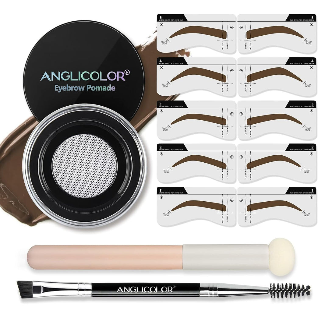 Anglicolor Quick Brow Shaping Kit with Waterproof Pomade, Stencil Set and Double-Ended Brush (Dark Brown Edition)