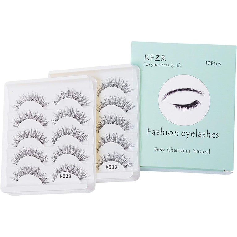 KFZR Handcrafted Synthetic False Eyelashes - 10 Pairs, Natural Look, 3D Crisscross Design, Black, Reusable