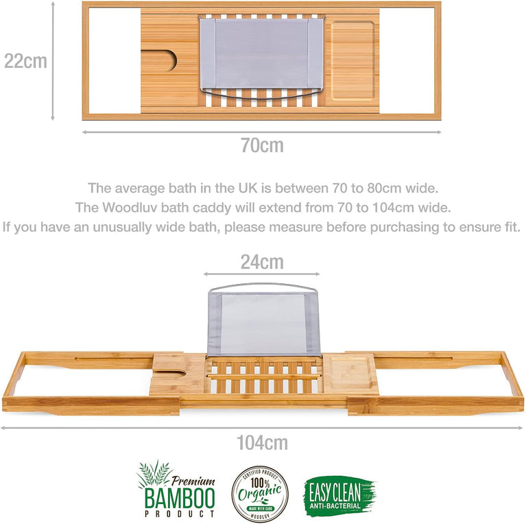 Woodluv Premium Bamboo Bath Tray Caddy with Extendable Arms and Versatile Features