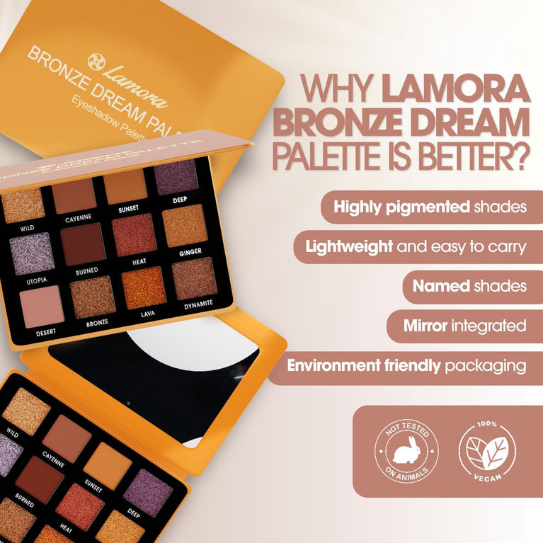 Lamora 12-Shade Bronze Eyeshadow Palette - Versatile, Highly Pigmented Shimmer and Matte Shades - Compact Travel-Friendly Design with Mirror - Vegan & Cruelty Free Makeup