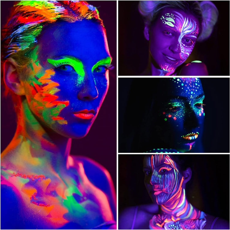 Neon UV Blacklight Reactive Body and Face Paint Set with Brushes and Palette - Non-Toxic and Easy to Clean - 8 Brilliant Fluorescent Colors (10ml each)