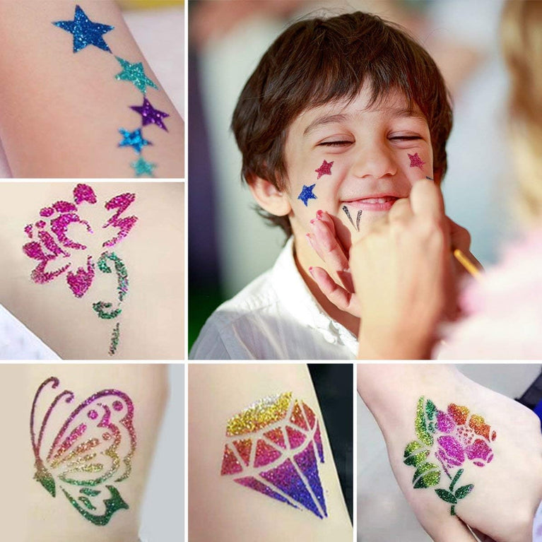 Shimmering Temporary Tattoo and Nail Art Kit - 24 Vibrant Glitter Shades with 135 Unique Stencils - Perfect Party Gift for Kids, Teens and Adults