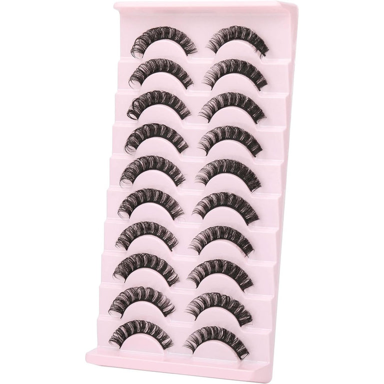 Wiwoseo Russian Strip D-Curly Eyelashes - Natural, Wispy, Fluffy 3D Hybrid Faux Eyelashes, 10 Pair Pack - Mimics Extensions, Handmade with 100% Cruelty-Free Mink, Cotton Band for Comfortable Wear