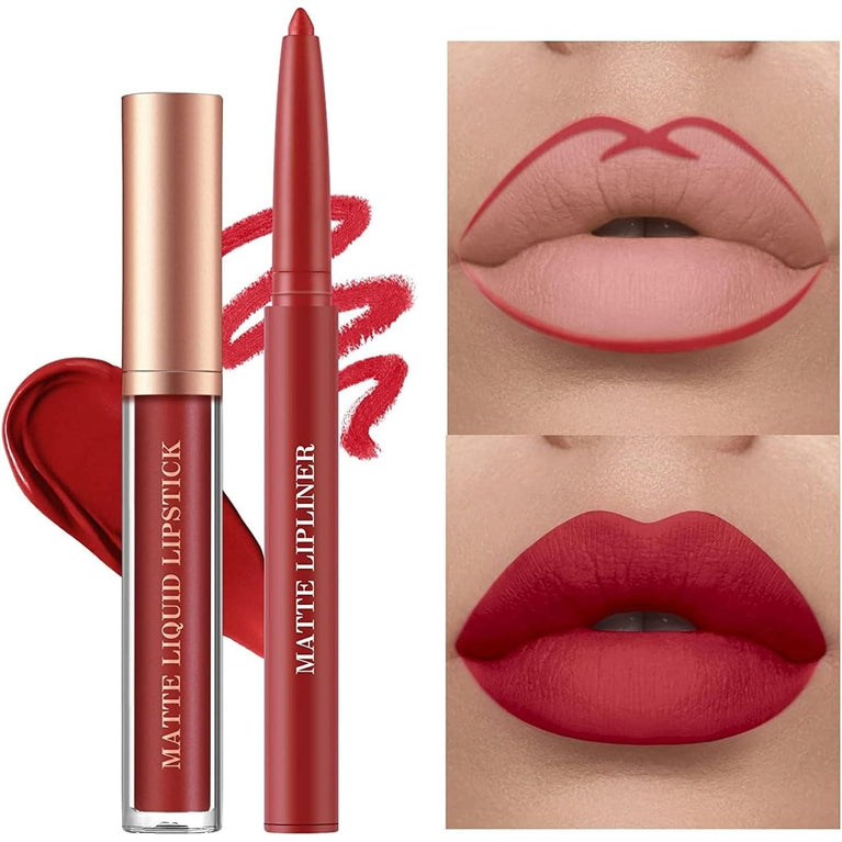 24-Hour Stay Matte Liquid Lipstick & Lipliner Set - Waterproof, Non-Fading, High Coverage Lip Color with Cosmetic Bag - Cruelty-Free Makeup Gift Set for Women, 12 Pcs (Set C)