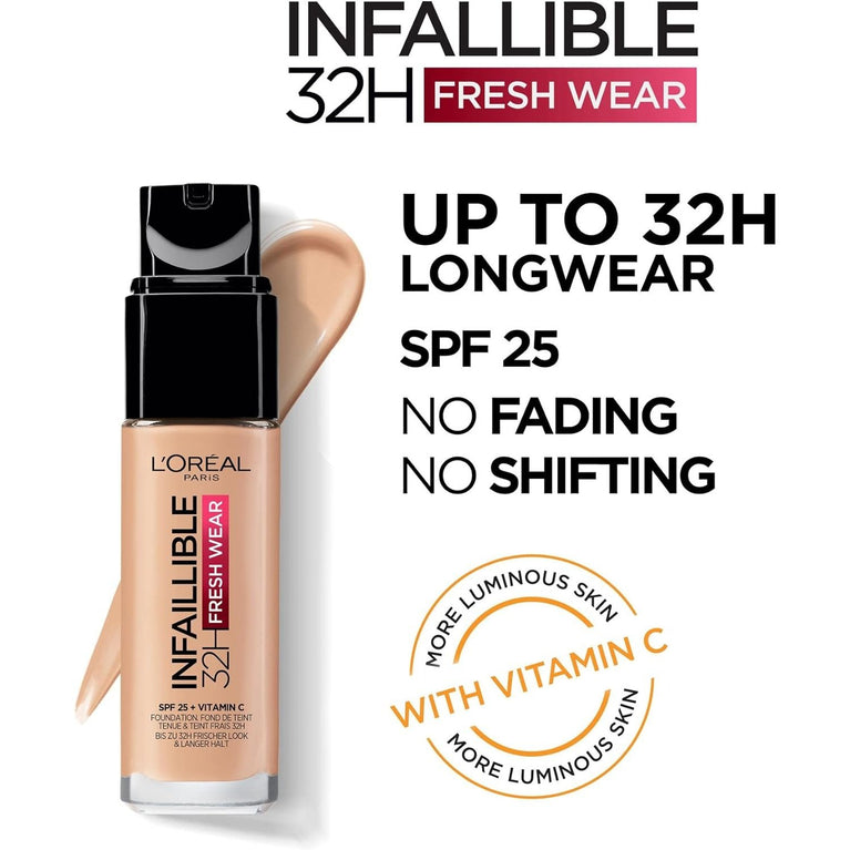L'Oréal Paris Infallible 32H Fresh Wear Foundation in 20 Ivory - Full Coverage, Long-lasting, Waterproof, SPF 25, Enriched with Vitamin C for Flawless Finish