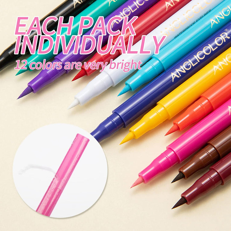 Anglicolor Rainbow Matte Eyeliner Set, 12 Vibrant Colors, Waterproof, Smudge-Proof, Long Lasting, Intensely Pigmented Eyeliner Pens for Special Occasions and Daily Wear