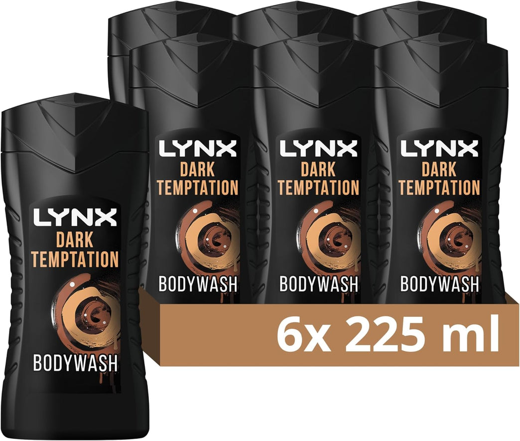 Lynx Dark Temptation Shower Gel - 12 Hour Irresistible Scent - 6 Pack of 225 ml Bottles