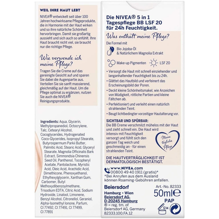 NIVEA 5-in-1 Light Skin Tinted Day Cream with 24h Hydration, SPF 20 Protection, and Organic Jojoba Oil (50 ml)