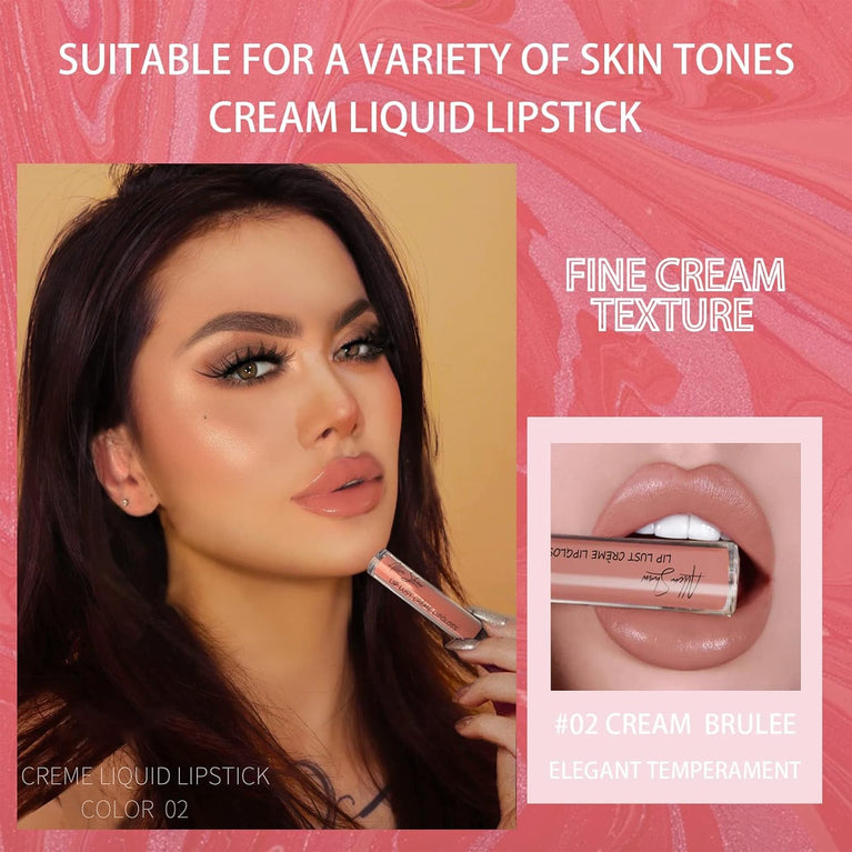 Hypoallergenic Creamy Lip Gloss with Plumping Effect, Long-Lasting Waterproof Velvet Liquid Lipstick in Nude (#02)