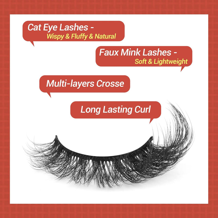 Ruairie Premium Faux Mink Cat Eye Lashes - 20MM Fluffy and Wispy False Eyelashes, 8D Dramatic Volume, 7 Pair Pack with Flexible Strip Lash Band