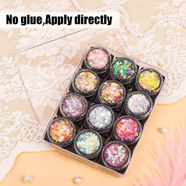 Dacitiery Holographic Festival Cosmetics: 12-Color Face and Body Glitter Gel Set for Hair, Cheeks, Nails - Sparkling Sequins Makeup Collection