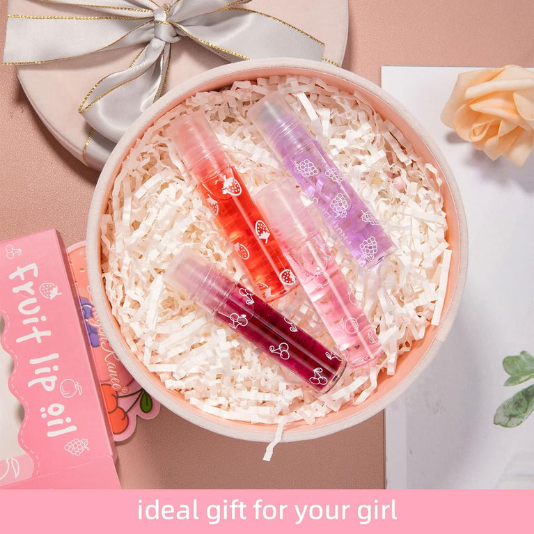 Greoer Deluxe Fruit-Flavored Lip Gloss Kit, 4-Piece Moisturizing Lip Balm Set with Roller Ball Lip Oil and Plumping Jelly Liquid Lipstick - Perfect Gift for Women and Girls