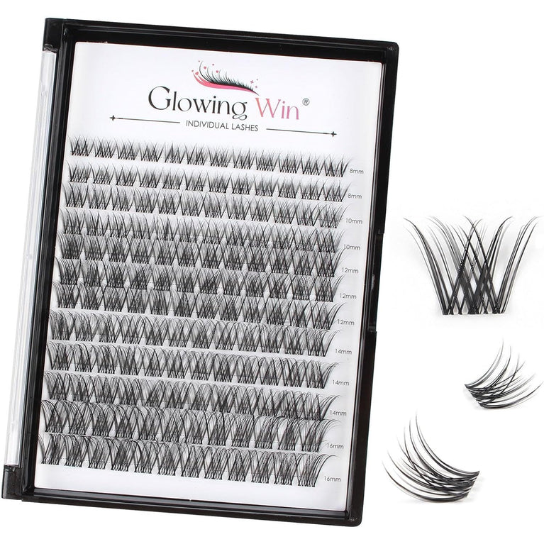 GlowingWin Home DIY Lash Extensions - 144PCS Wispy False Eyelashes in Mixed Lengths, C D Curl Strip Eye Lashes with Transparent Band, Cruelty-Free Natural Look Cluster Lashes 8-16mm, Durable and Reusable